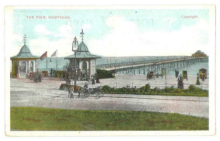 Worthing Pier - early had drawn view of the landward end of the pier before the Pavilion was built