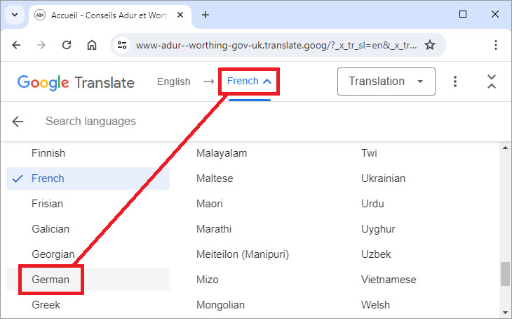 How to change the Google Translation language from French to German